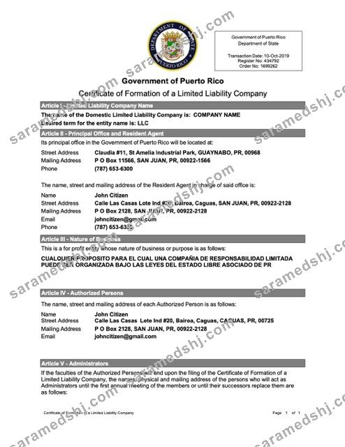 Puerto Rico certificate of formation of a limited liability company Word and PDF template, version 2